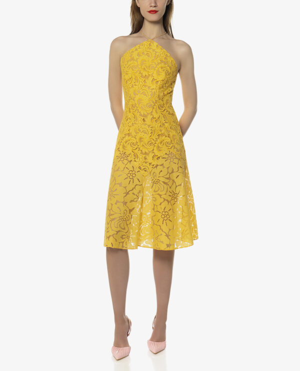 HALTER-NECK MIDI LACE DRESS